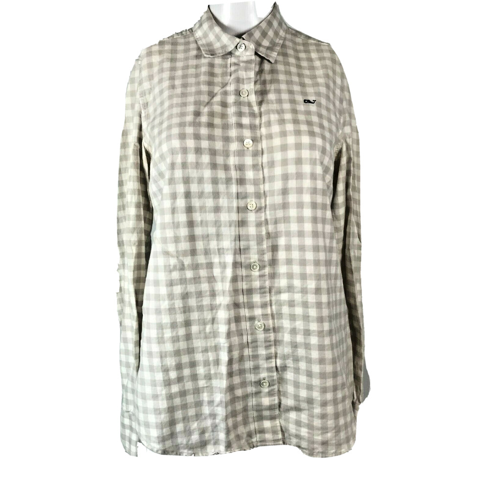 Vineyard Vines Shirt Womens Sz 4 Gray White‎ Check Plaid Long Sleeve Button Logo